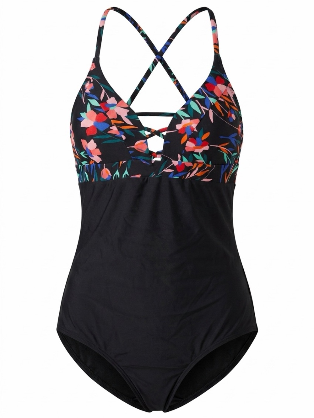 Sea Angel Women’s Sz Medium Black Solid Bottom Floral Top 1 Pc Swimsuit